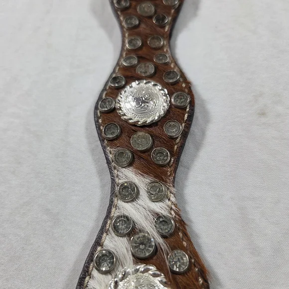 NOCONA Belt Leather Brown White Western Belt Silver Details Cowhide Large Unisex - Picture 5 of 8